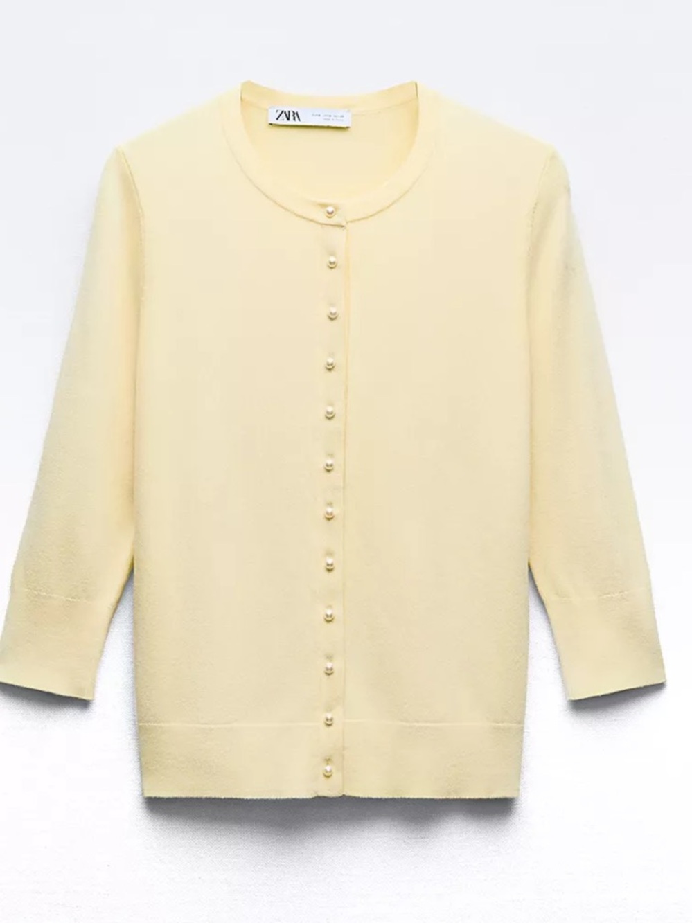Zara Pale Yellow Pearl-Button Crewneck Cardigan